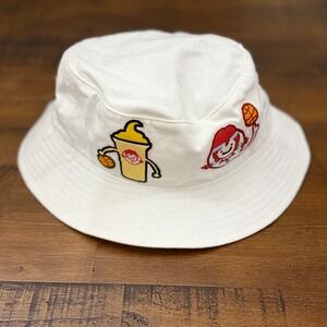 Wendy's Bucket Hat White Red Logo Cartoon Characters Basketball Theme Adjustable